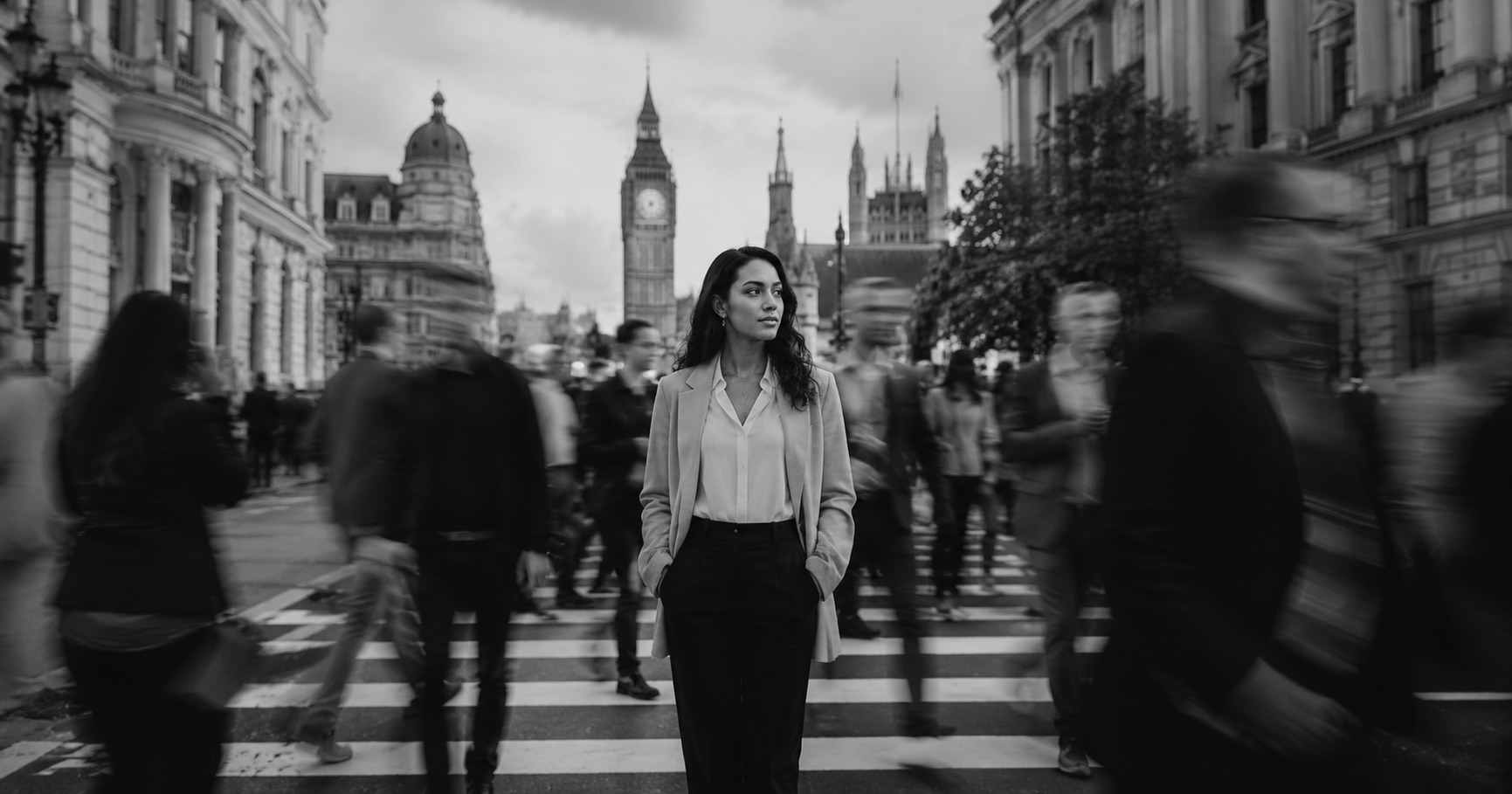 A focused professional standing among commuters near Westminster in London
